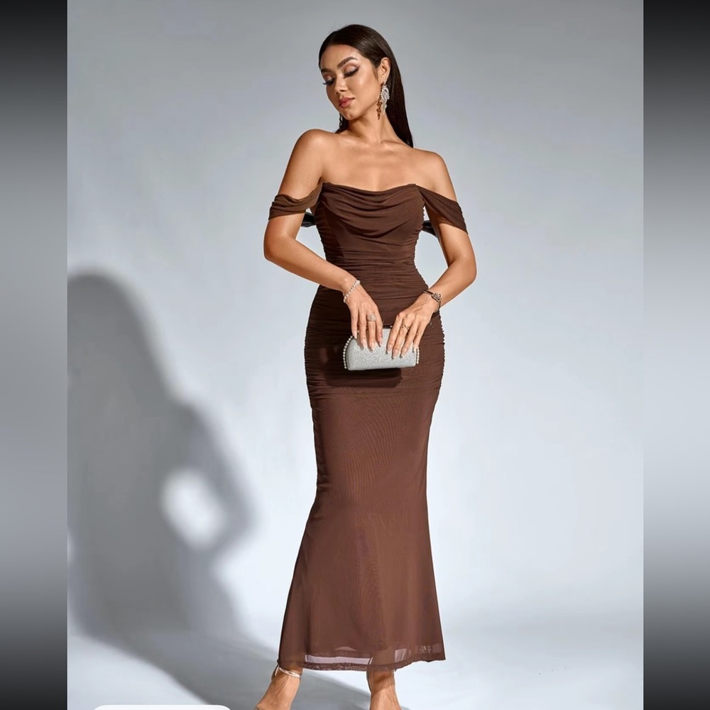 Elegant Brown Off-Shoulder Dress
